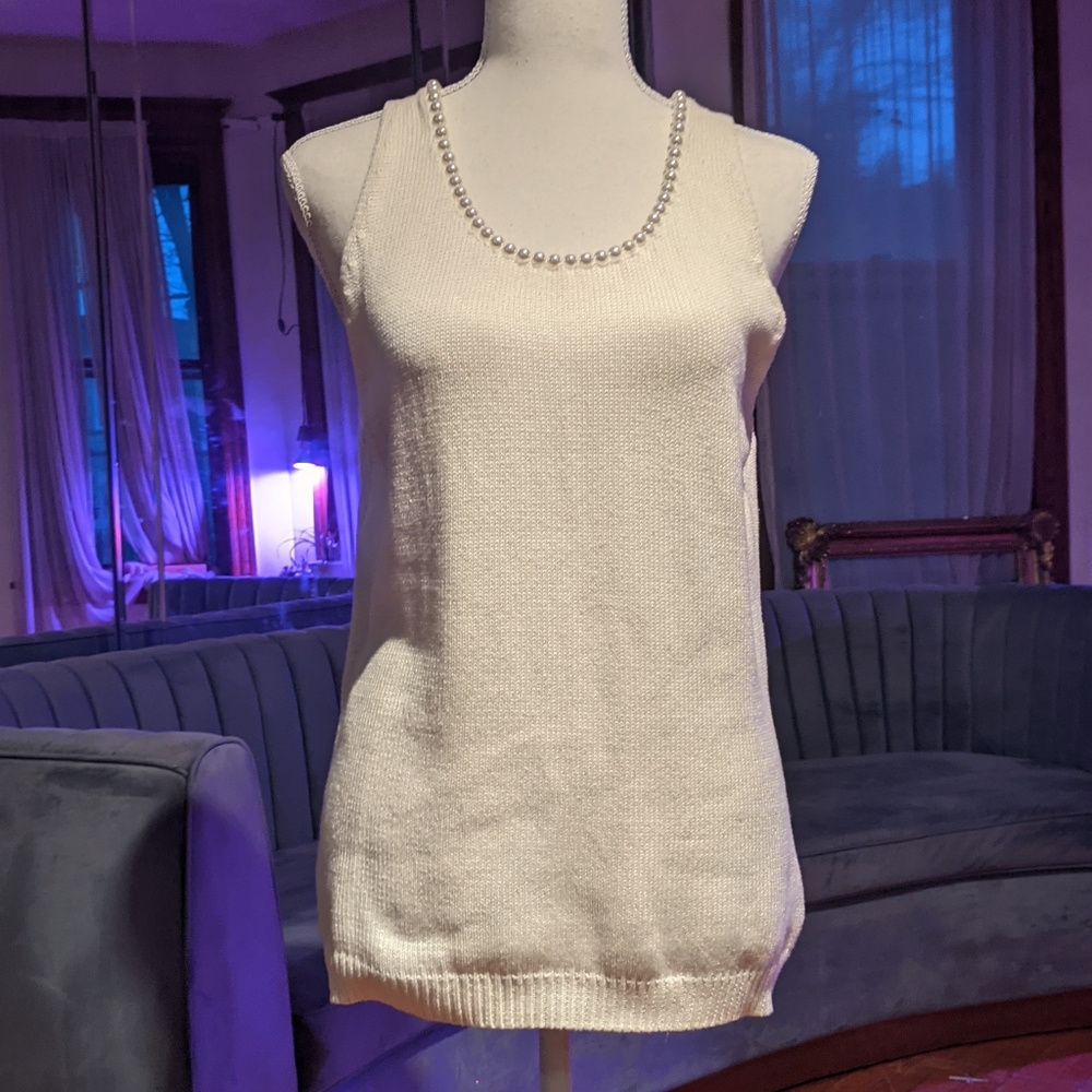 Michael Kors Pearl Necklace Cotton Knit Top
